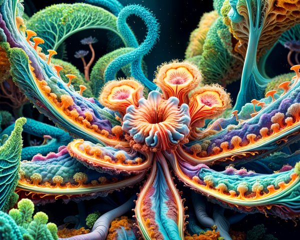 Surreal Underwater Scene with Colorful Coral Structures
