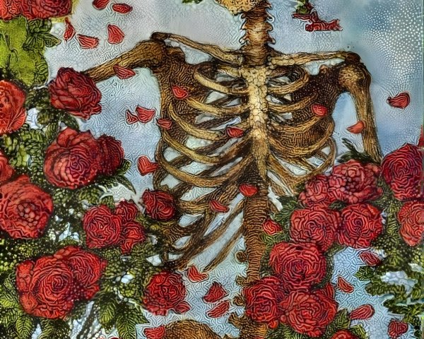 Skeletal Figure Surrounded by Roses in Serene Setting
