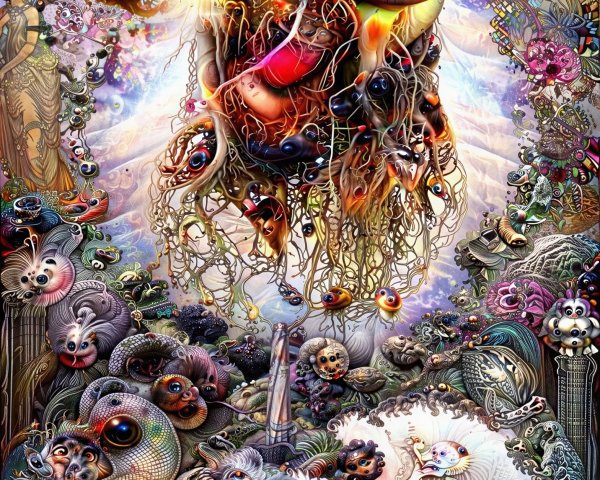 Dreamlike Composition with Central Tree and Creatures