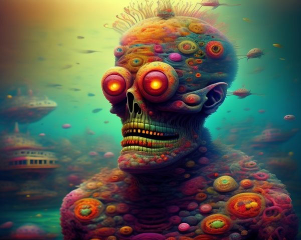Surreal Underwater Scene with Skeletal Figure and Glow