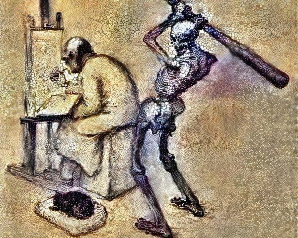 Surreal Scene of Skeleton and Artist at Easel