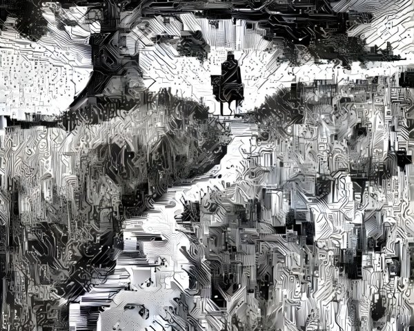 Surreal Landscape with Abstract Pathway and Cloaked Figure