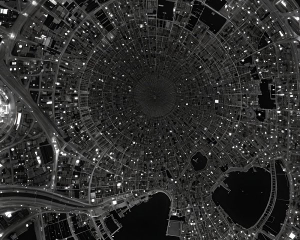 Aerial View of Circular Urban Layout at Night