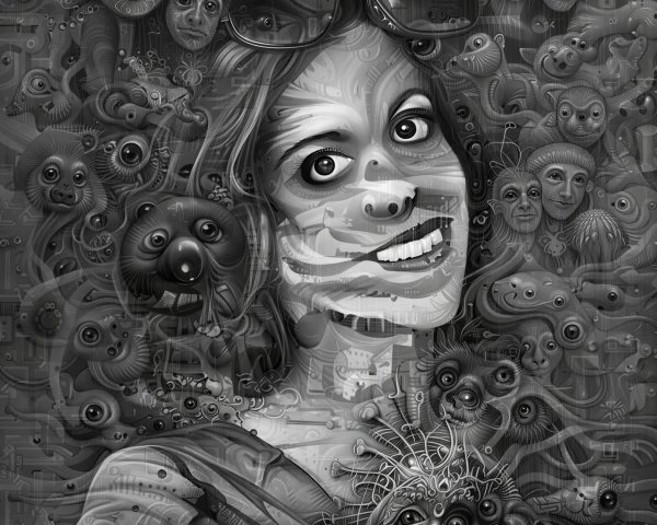 Intricate Black and White Illustration of a Woman and Creatures