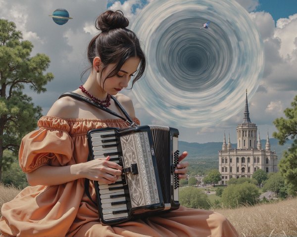 Surreal Outdoor Scene with Young Woman Playing Accordion