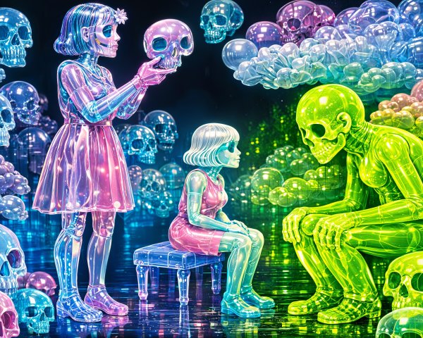 Surreal Digital Illustration of Translucent Skeleton Figures