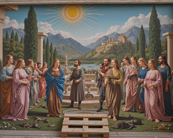 Grand mural of serene landscape with castle and figures
