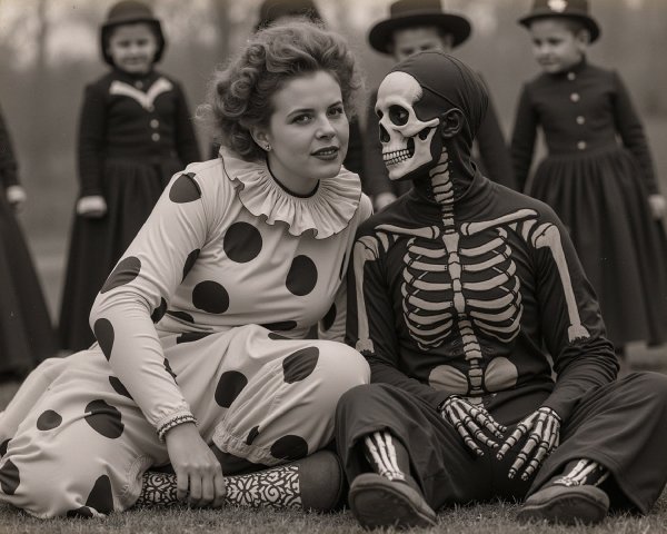 Vintage Black-and-White Scene of Clown and Skeleton