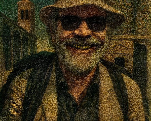 Smiling Man in Hat and Sunglasses Against Textured Backdrop