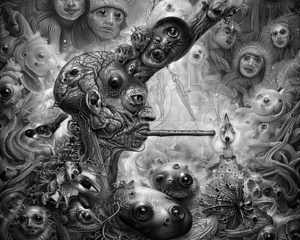 Grey-scale surreal art featuring a detailed human-like head