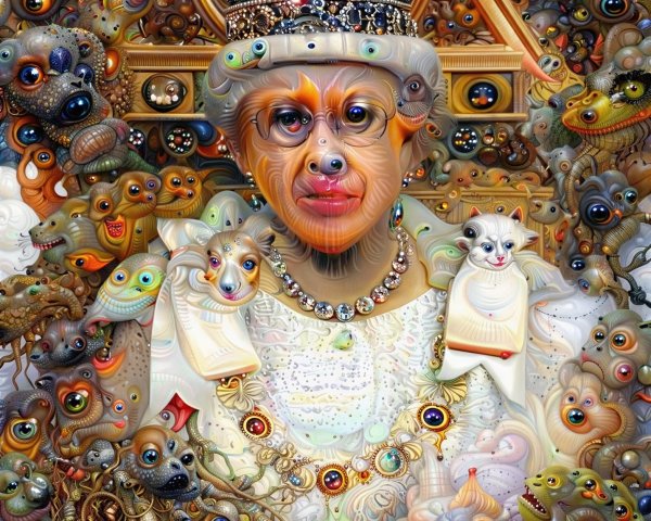 Psychedelic Digital Painting of Macaque Queen with Creatures
