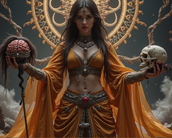Mystical Figure in Orange Gown with Brain and Skull