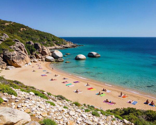 Aerial View of Sandy Beach with Rocky Hills and Sunbathers