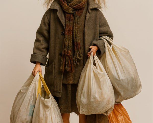 Stylized doll in cozy outfit with plastic bags