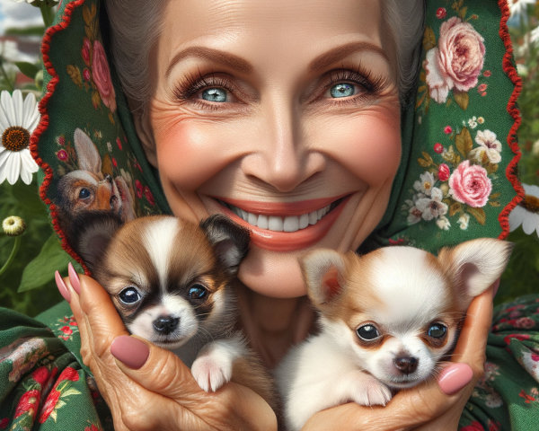 Older Woman with Chihuahuas in a Daisy Field