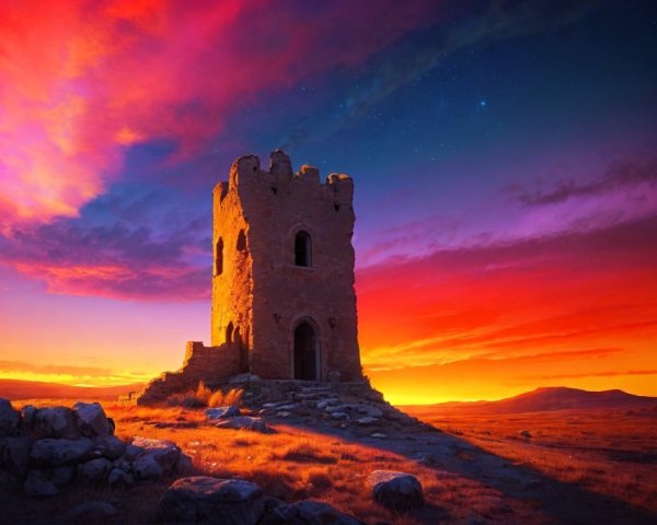 Stone Tower Against a Vibrant Sunset Sky