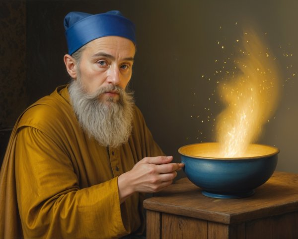 Wise Man with Beard at Table and Magical Bowl