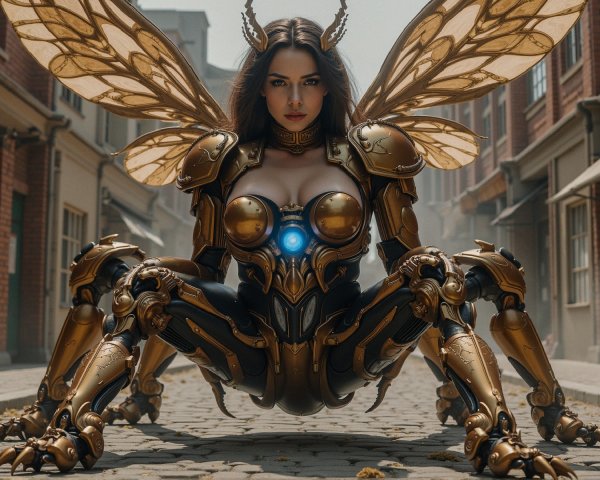 Woman in Golden Mechanical Suit with Insect Wings
