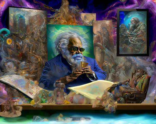 Wise Old Man Surrounded by Surreal Elements and Artifacts