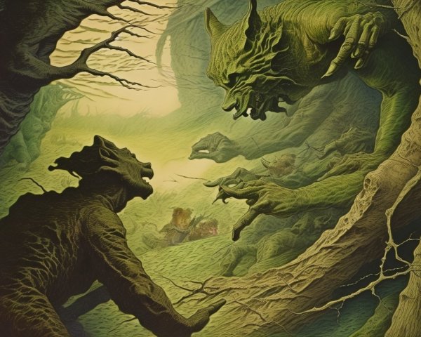 Surreal Forest Scene with Eerie Green Creatures