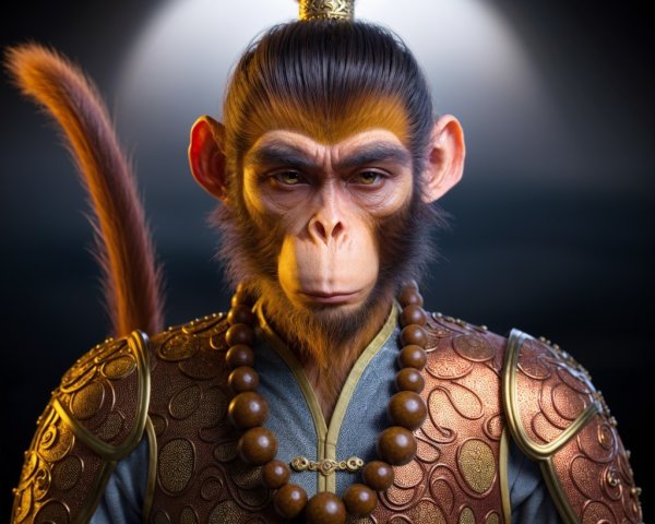 Regal monkey character in intricate armor with beads