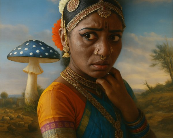 Woman in Traditional Attire with Whimsical Mushroom