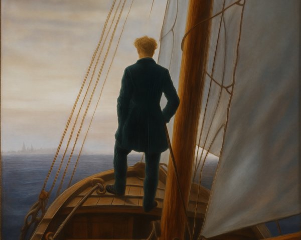 Man in coat on sailboat against stormy ocean backdrop