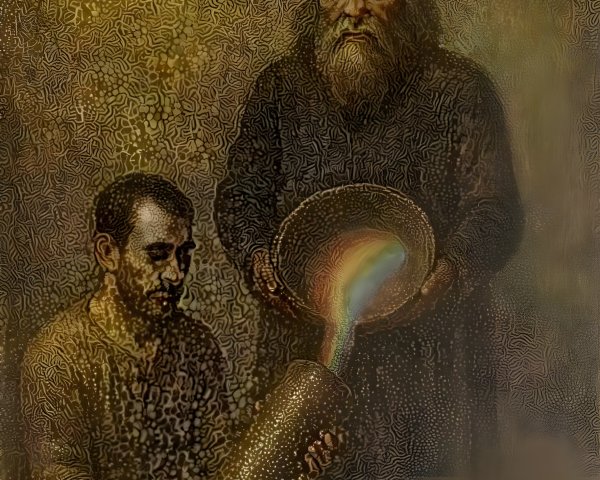 Elderly Figure Overseeing Rainbow Creation in Mystical Scene