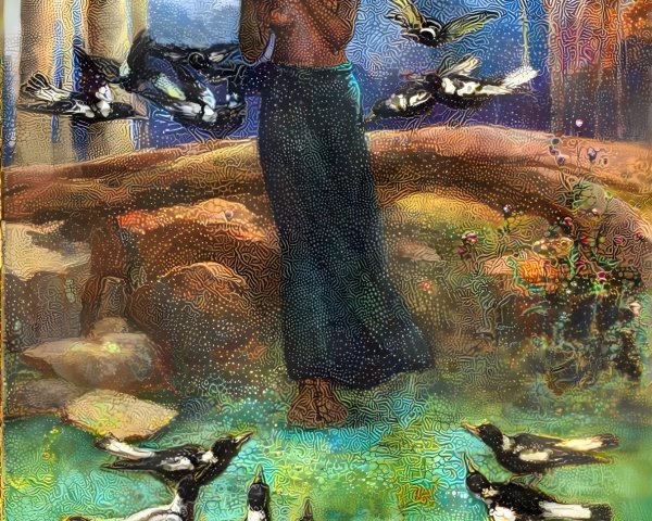 Figure Playing Flute in Vibrant Nature Scene