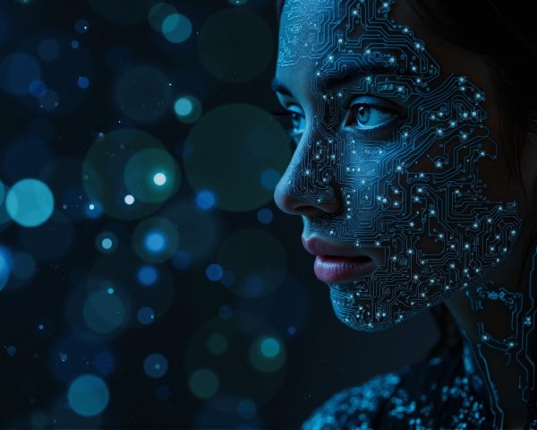 Close-Up of a Futuristic Woman with Circuit Patterns