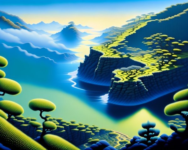 Surreal Landscape with Hills, Cliffs, and Water