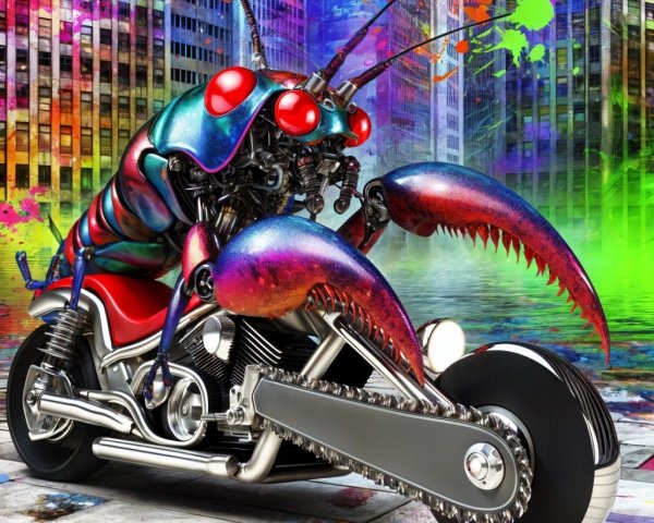 Futuristic Lobster on Motorcycle in Urban Setting