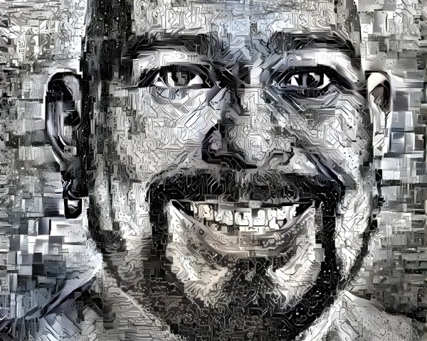 Digitally Rendered Portrait of a Man with Circuitry Backdrop