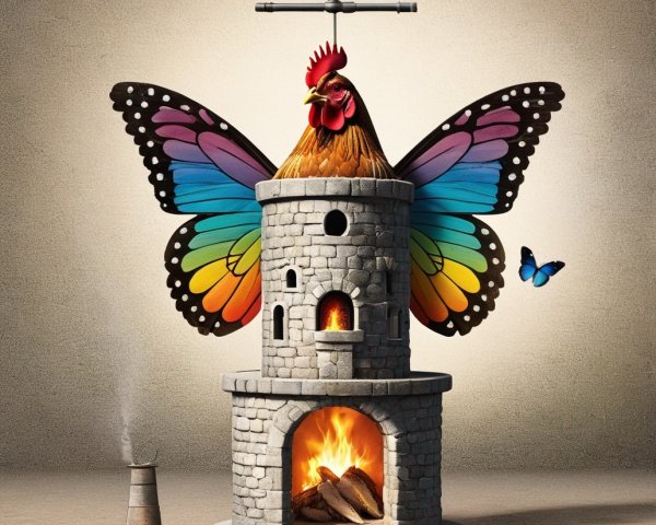 Whimsical castle structure with butterfly wings and flames