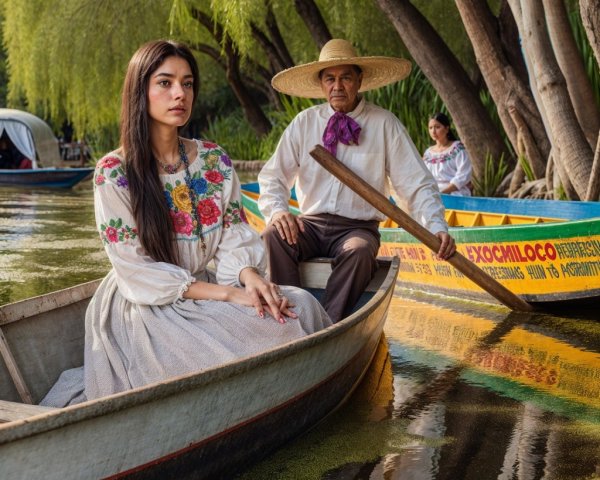 Woman in Traditional Attire on Serene Canal Boat