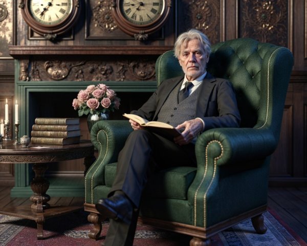 Elderly Man Reading in Ornate Room with Vintage Decor