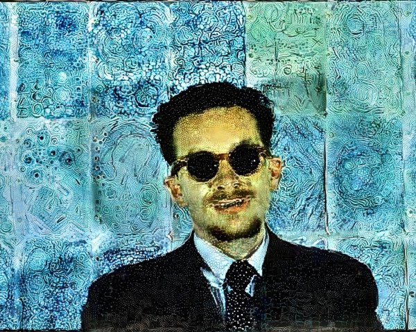 Man in Dark Suit with Abstract Blue Background