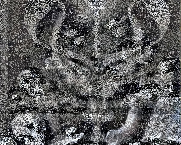 Surreal Black-and-White Abstract Art with Skulls