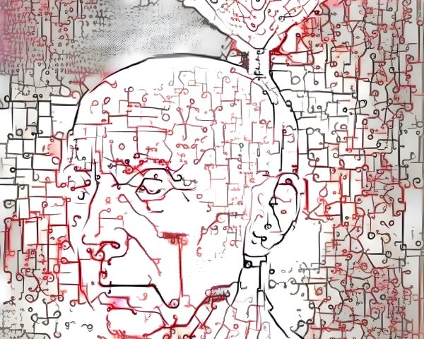 Stylized Portrait of a Bald Man with Circuitry Design
