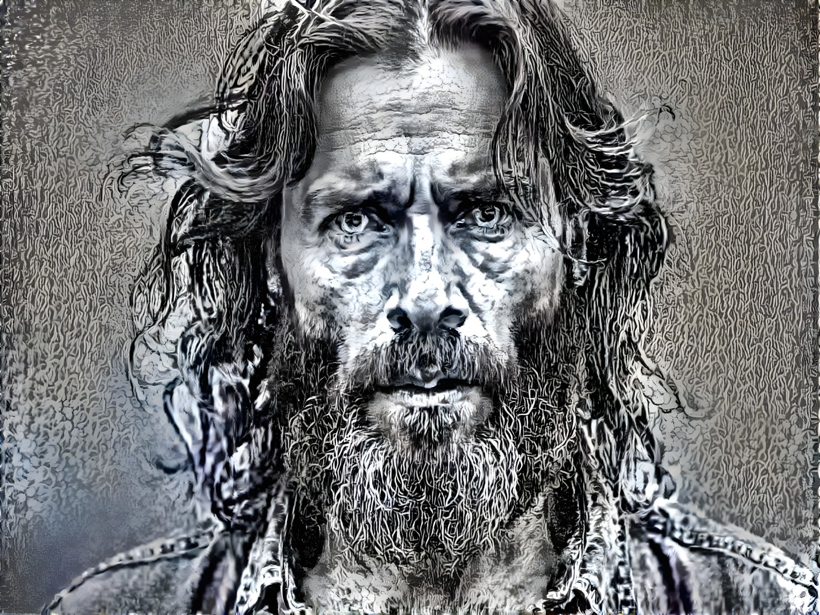 Black-and-white portrait of a rugged, weathered man