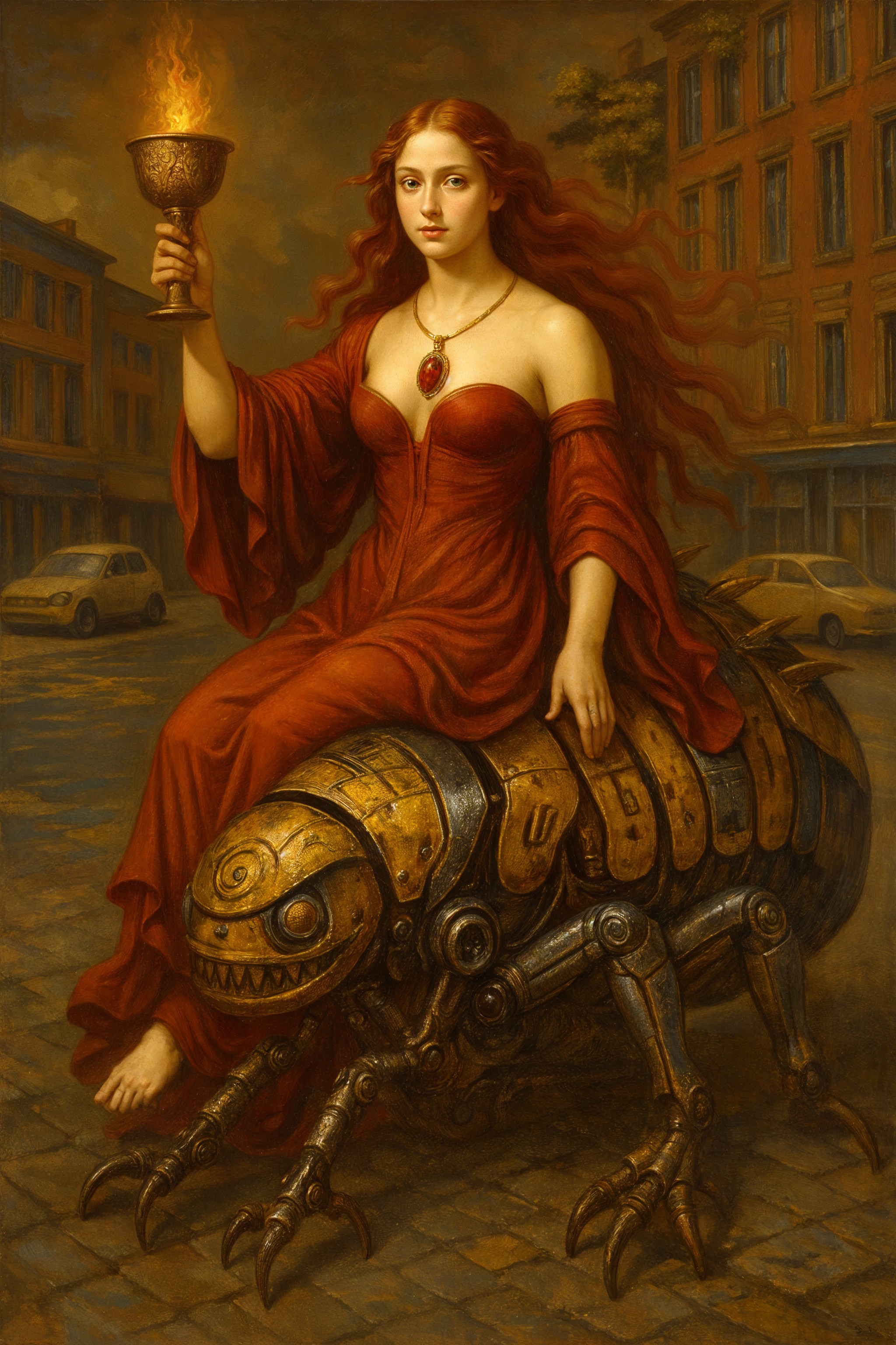 Woman in Red Gown on Mechanical Insect Creature