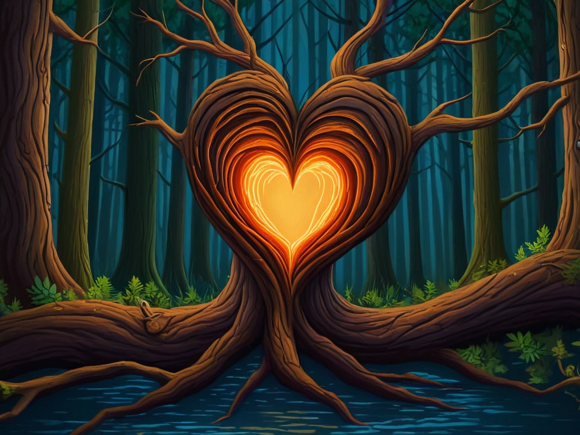 Mystical Forest with Twisted Heart-Shaped Tree