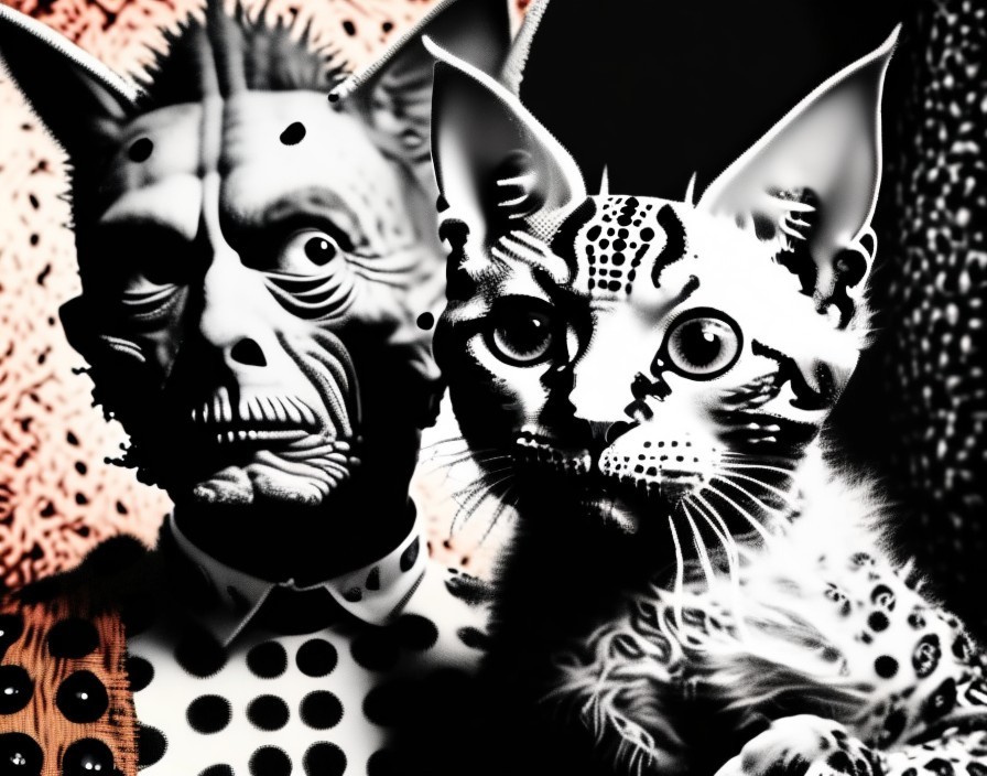 Surreal Composition of Humanoid Figure and Patterned Cat