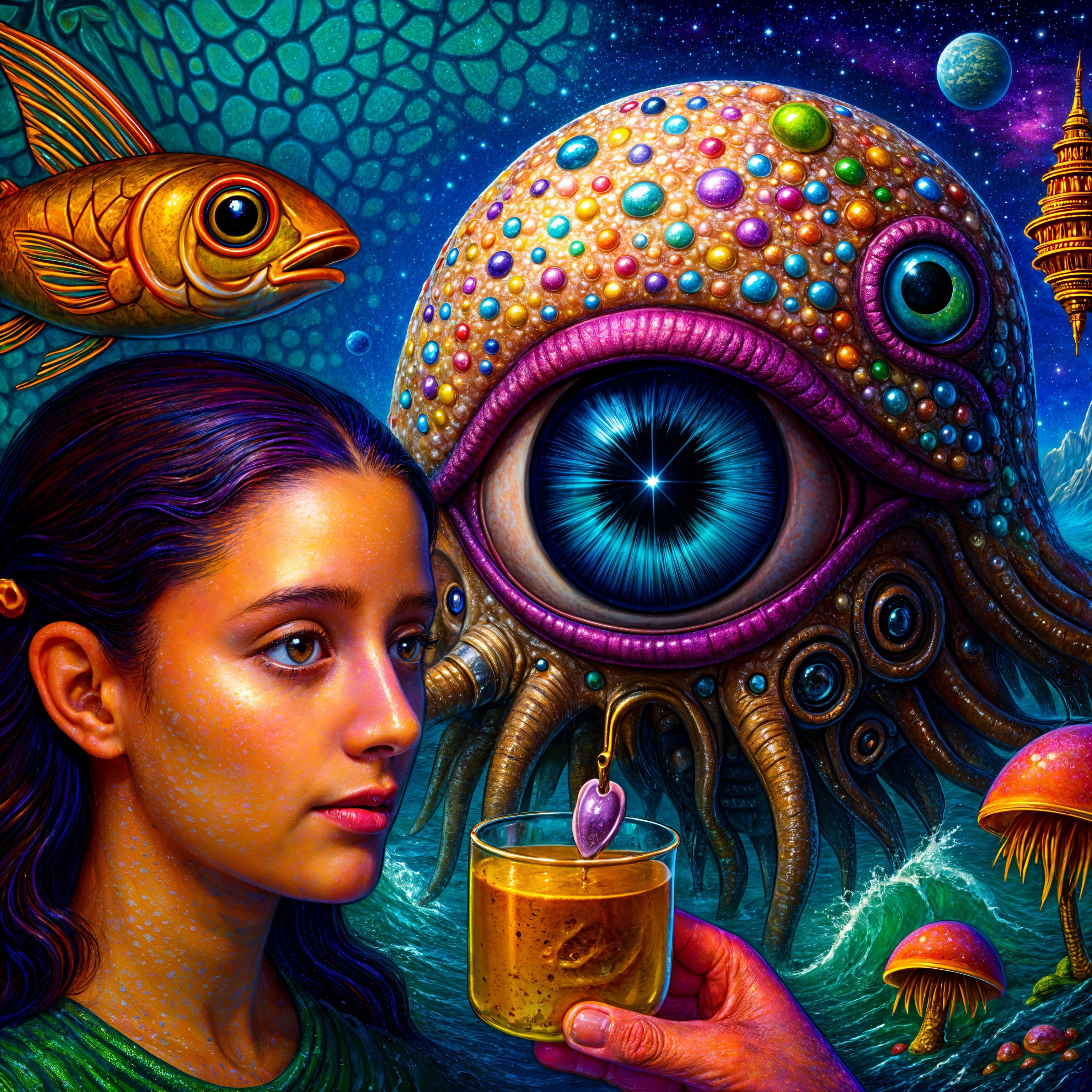 Surreal Scene of a Girl and a Colorful Creature