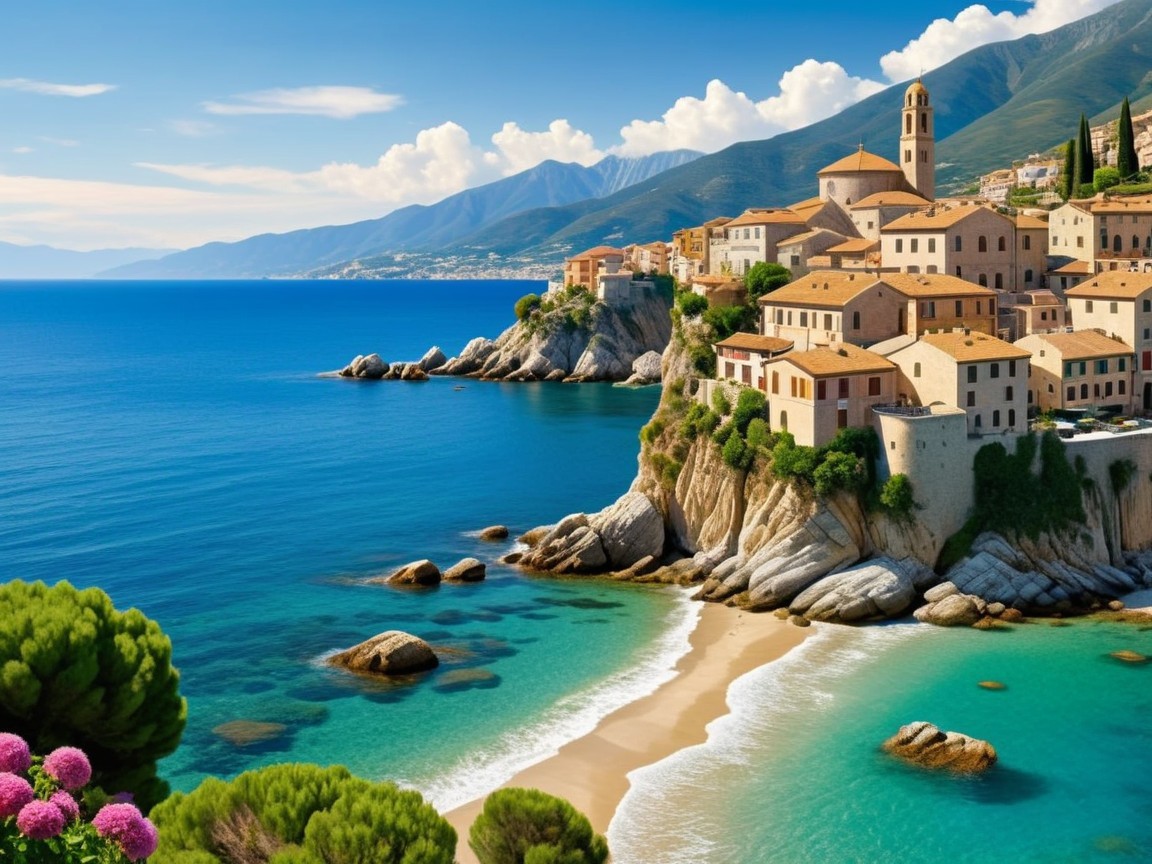 Coastal Town on Rocky Cliff Overlooking Turquoise Bay