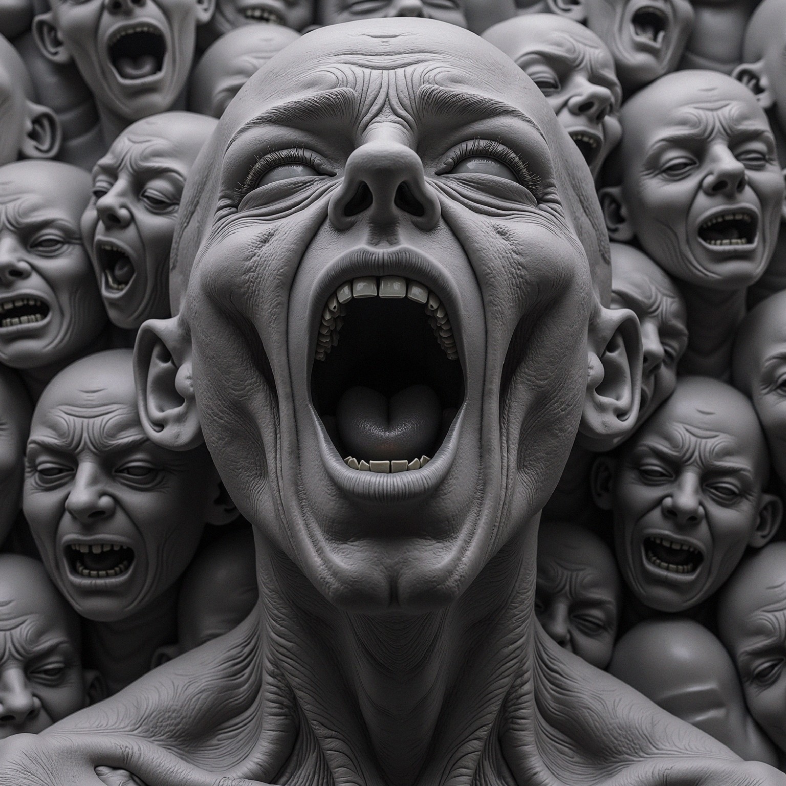 Surreal Gray Faces Expressing Intense Emotions