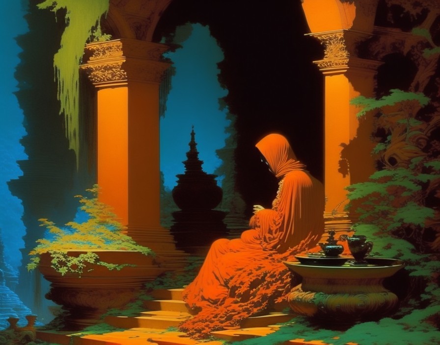 Cloaked Figure in Ancient Overgrown Temple Setting