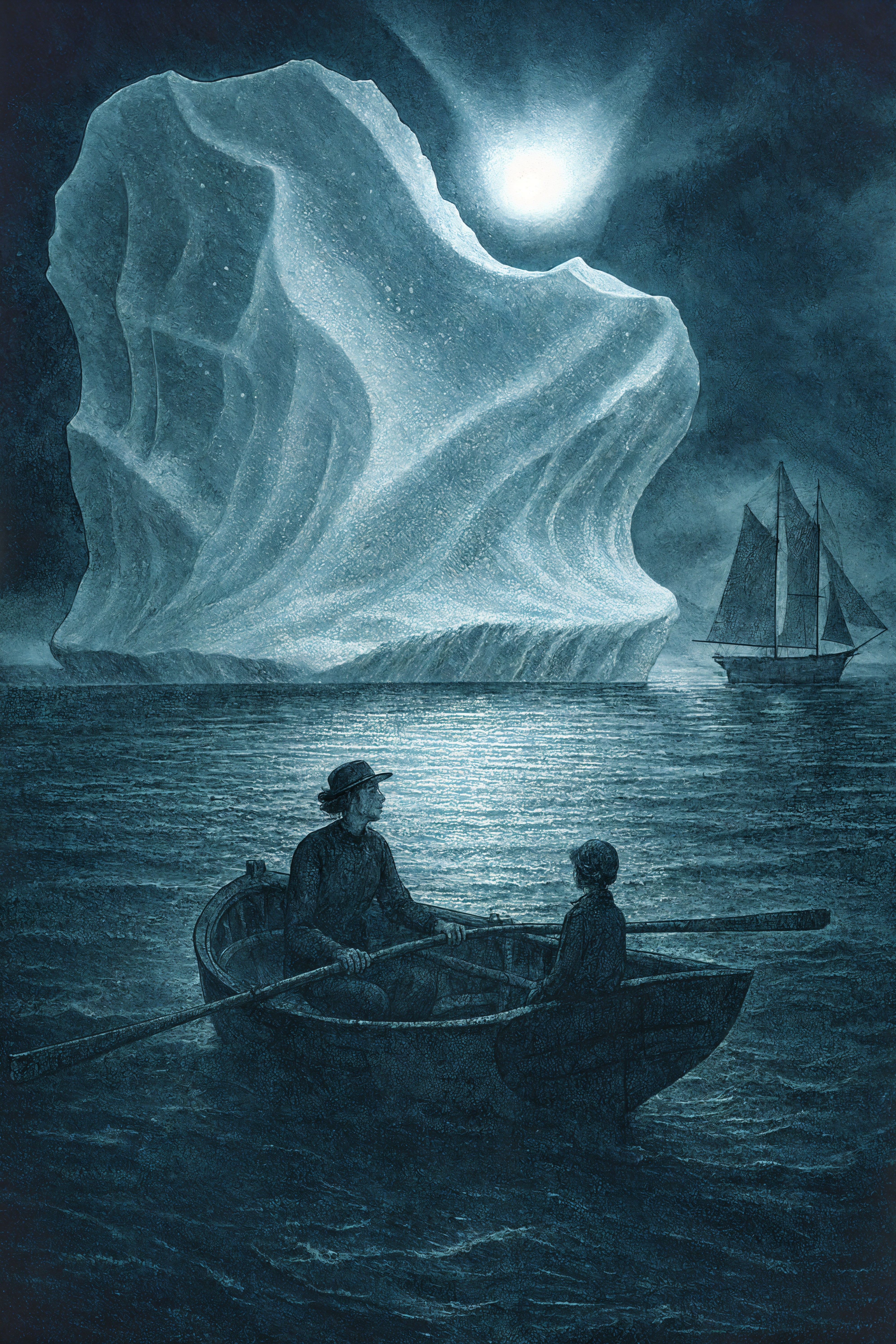 Moonlit Rowboat Scene with Glowing Iceberg and Sailboat