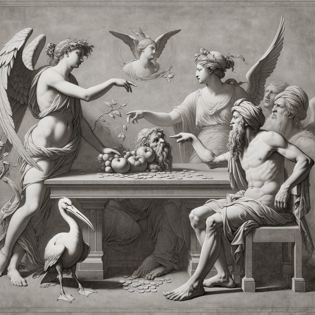 Angelic Scene of Wisdom and Generosity with Fruits