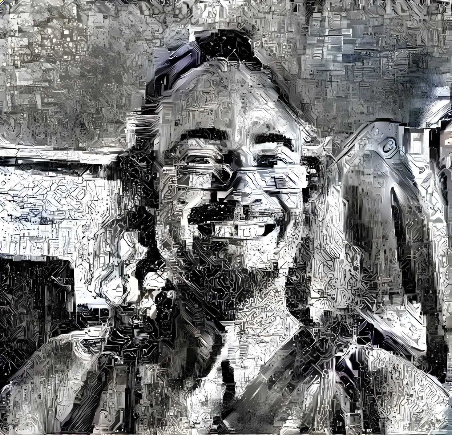 Abstract Smiling Portrait with Curly Hair in Monochrome